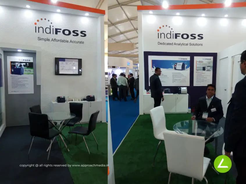 Dairy Analysis Exhibition Stall Design at Dairy Expo 2016 Hyderabad indiFOSS — 48 sqm 2 side open trade show booth for indiFOSS at Dairy Industry Expo 2016, 2016