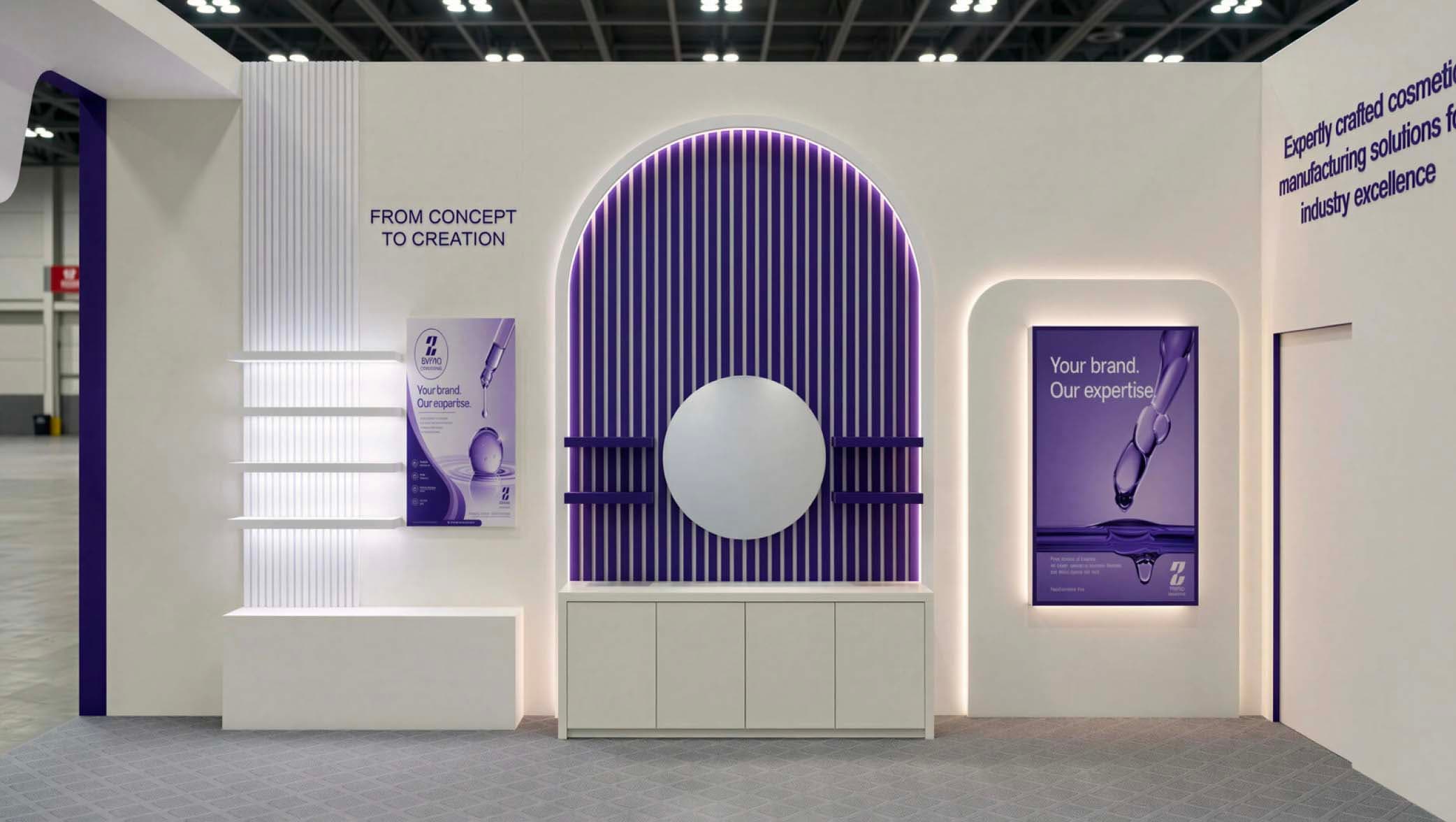 A 3D exhibition stand rendering under review before fabrication