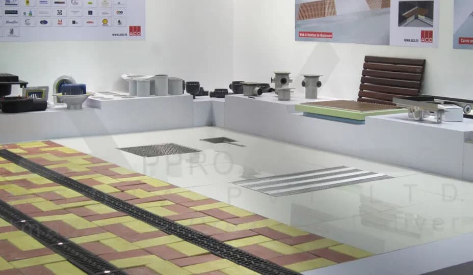Drainage Solutions Exhibition Stall Design at IMTEX Bangalore — 56 sqm 1 side open trade show booth for Aco at IMTEX 2011, 2011