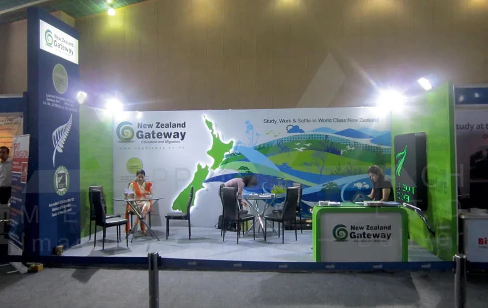 Destination Tourism Exhibition Stall Design at Travel Trade Show Ahmedabad 2012 — 18 sqm 1 side open trade show booth for New Zealand Gateway at Travel & Tourism Expo, 2012