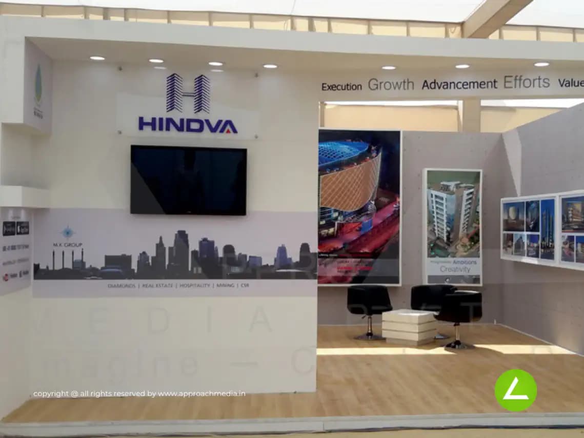 Real Estate Exhibition Stall Design at Surat Property Show 2013 — 36 sqm 1 side open trade show booth for Hindva at Surat Property Show 2013, 2013
