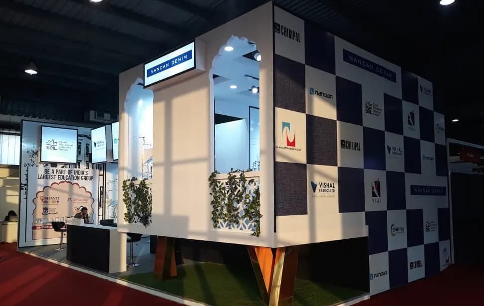 Textile Pavilion Exhibition Stall Design at Vibrant Gujarat 2019 Gandhinagar — 54 sqm 1 side open trade show booth for Chiripal Group at Vibrant Gujarat 2019, 2019