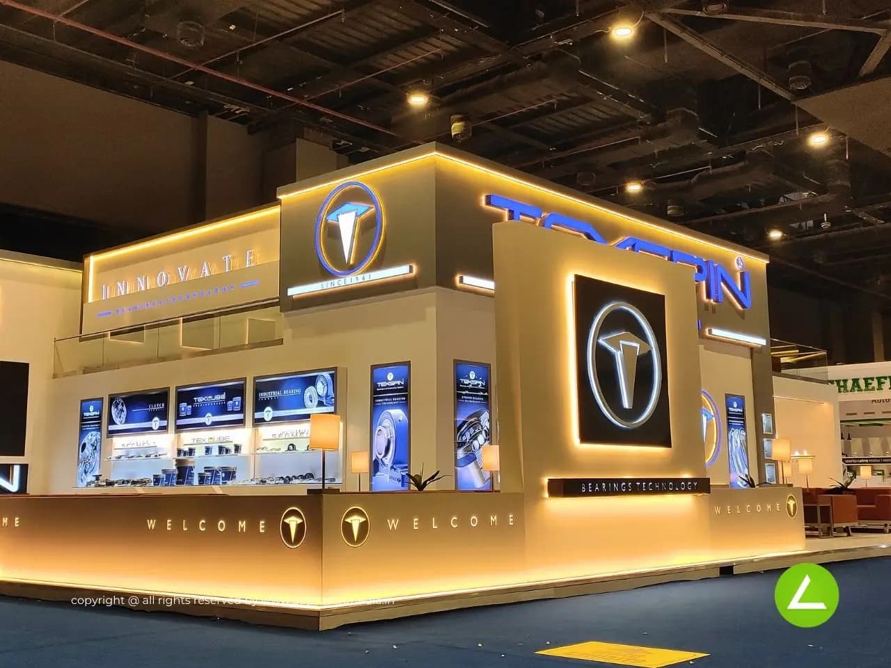 Premium Automotive Bearings Exhibition Stall Design at Auto Expo 2020 Delhi — 360 sqm mezzanine trade show booth for Texspin at Auto Expo 2020, 2020