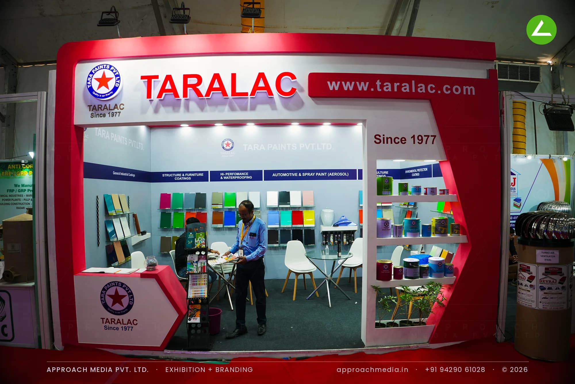 Taralac exhibition stall design at Dahej Industrial Expo Dahej with red angular portal and painted colour sample wall