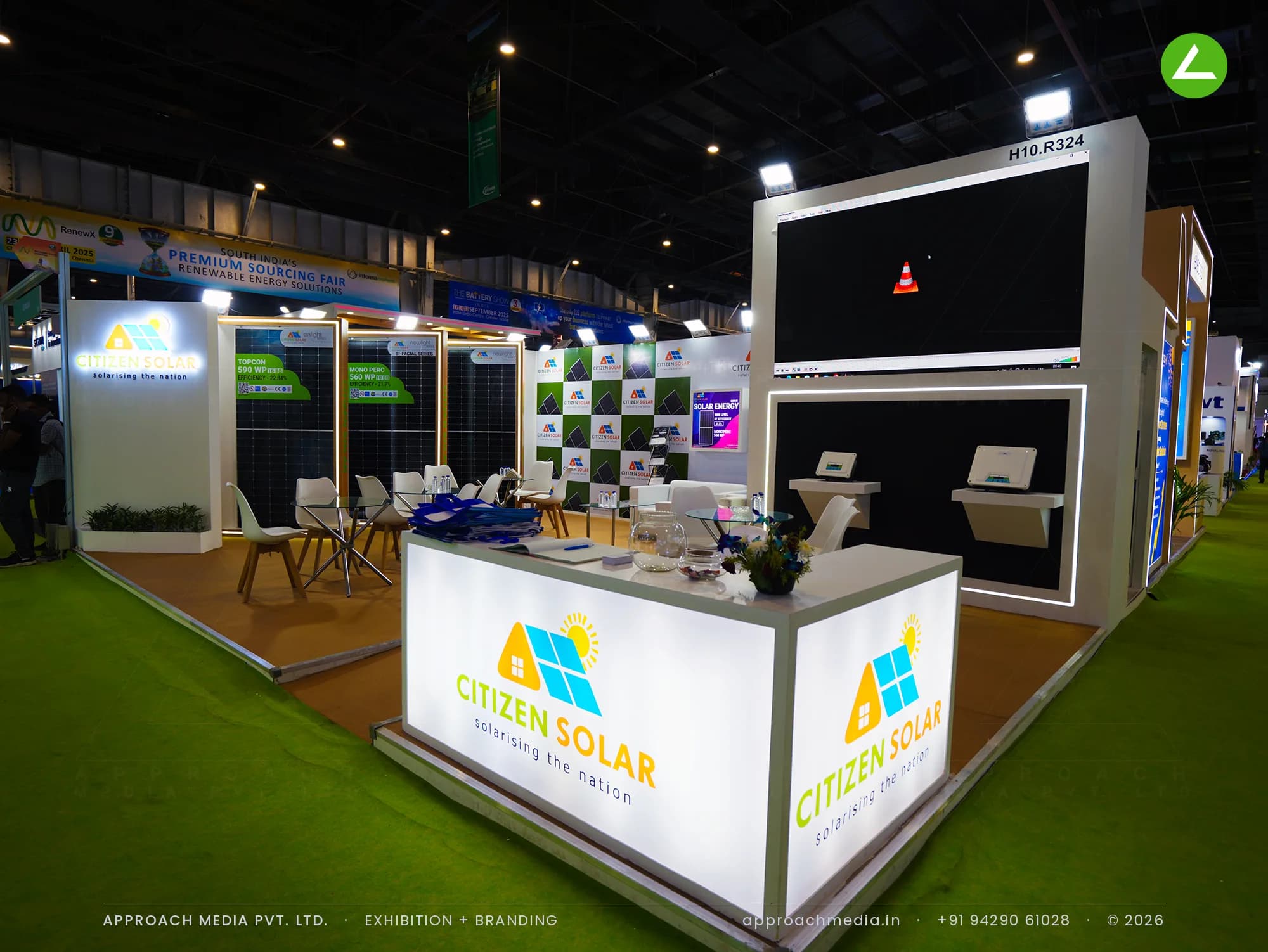 Illuminated Citizen Solar counter and lit panel frames at the exhibition stall design at REI Expo Greater Noida
