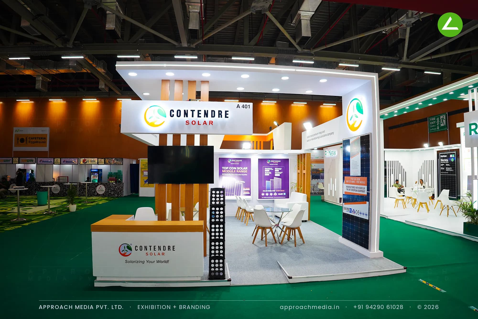 Contendre Solar white gateway stall with timber battens and backlit logo, exhibition stall design at REI Expo Chennai