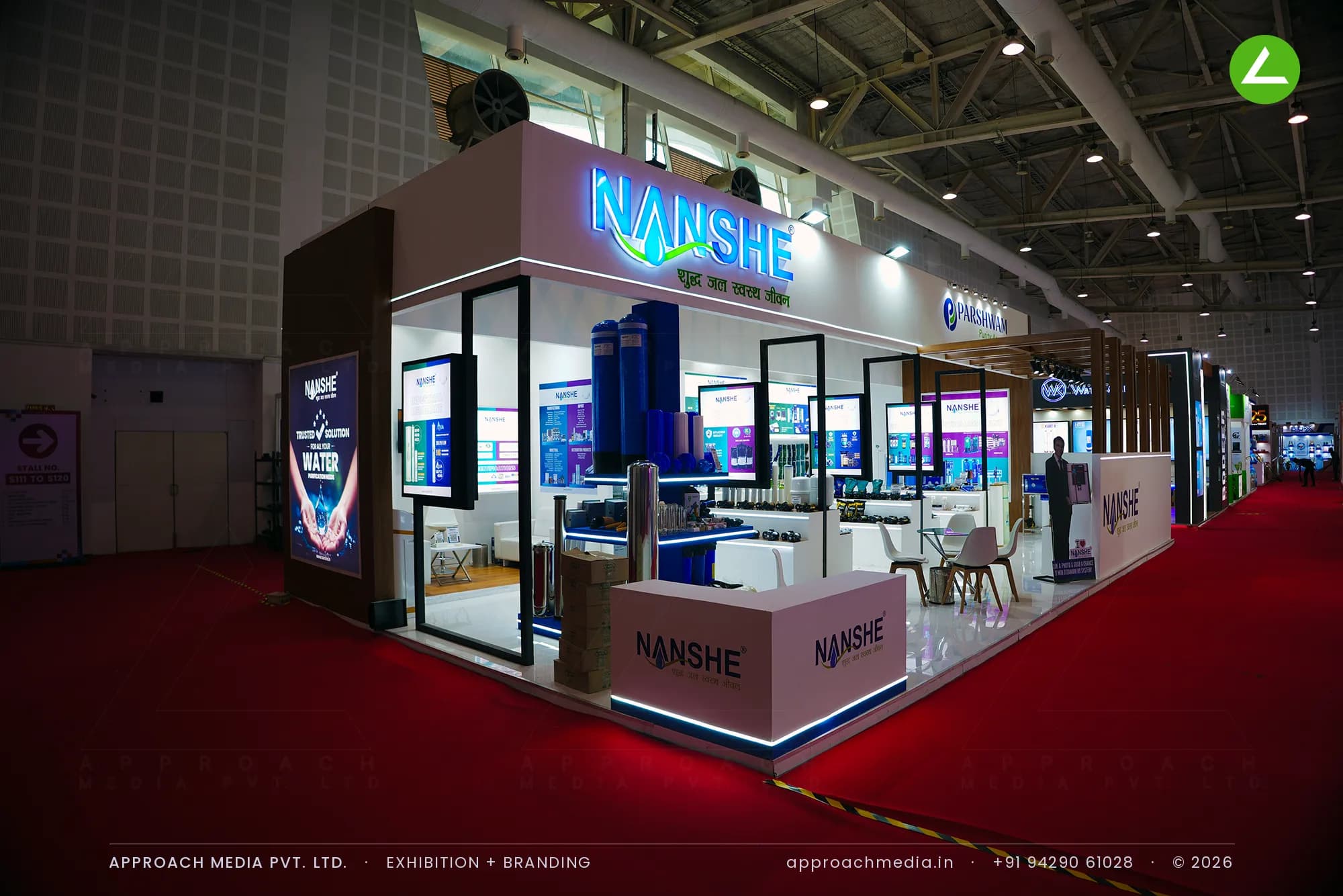 Nanshe exhibition stall design at WAPTAG Water Expo Gandhinagar, an 84 sqm island with backlit logo and black frames
