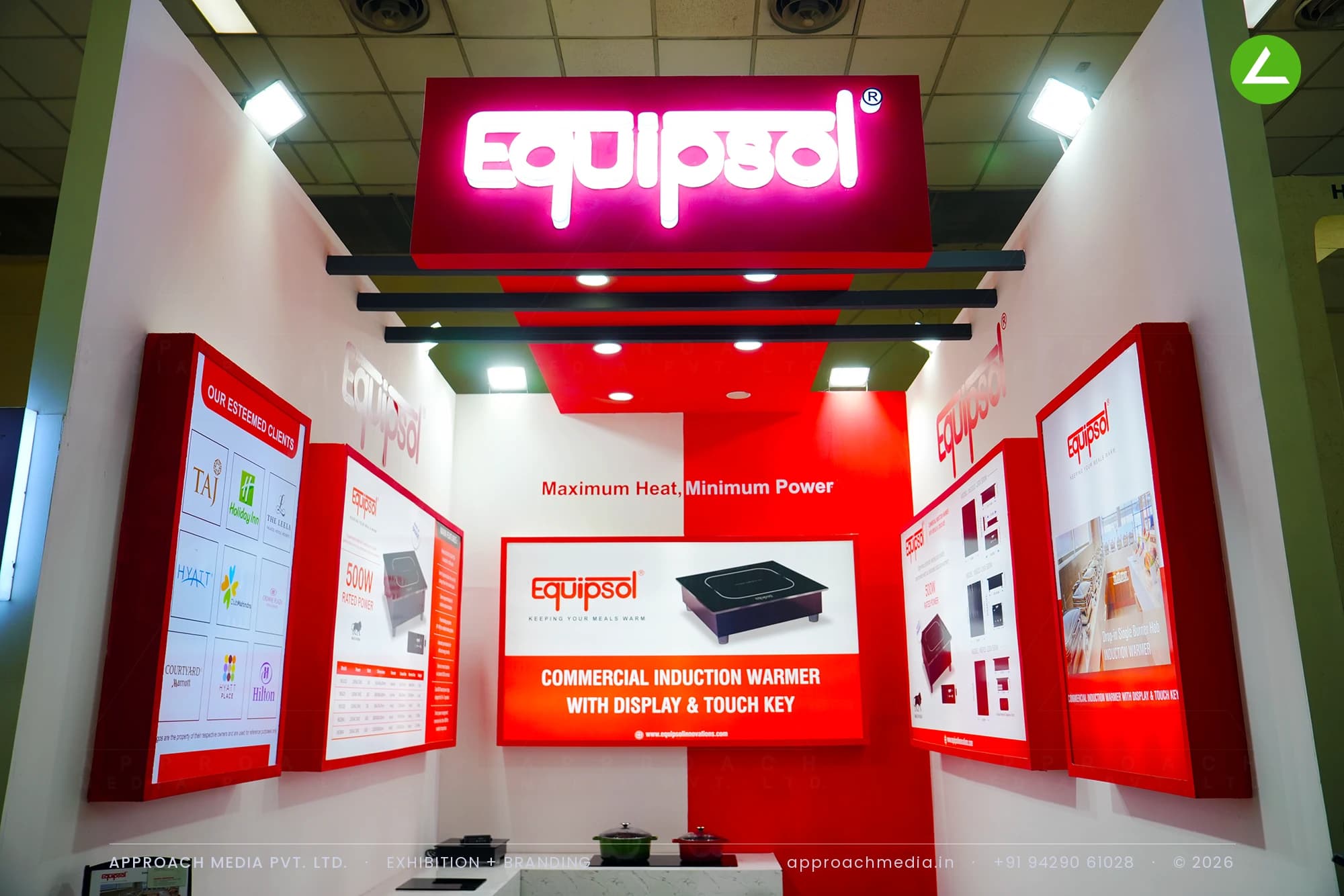 Equipsol exhibition stall design at Aahar New Delhi with induction warmers built into a marble-look counter
