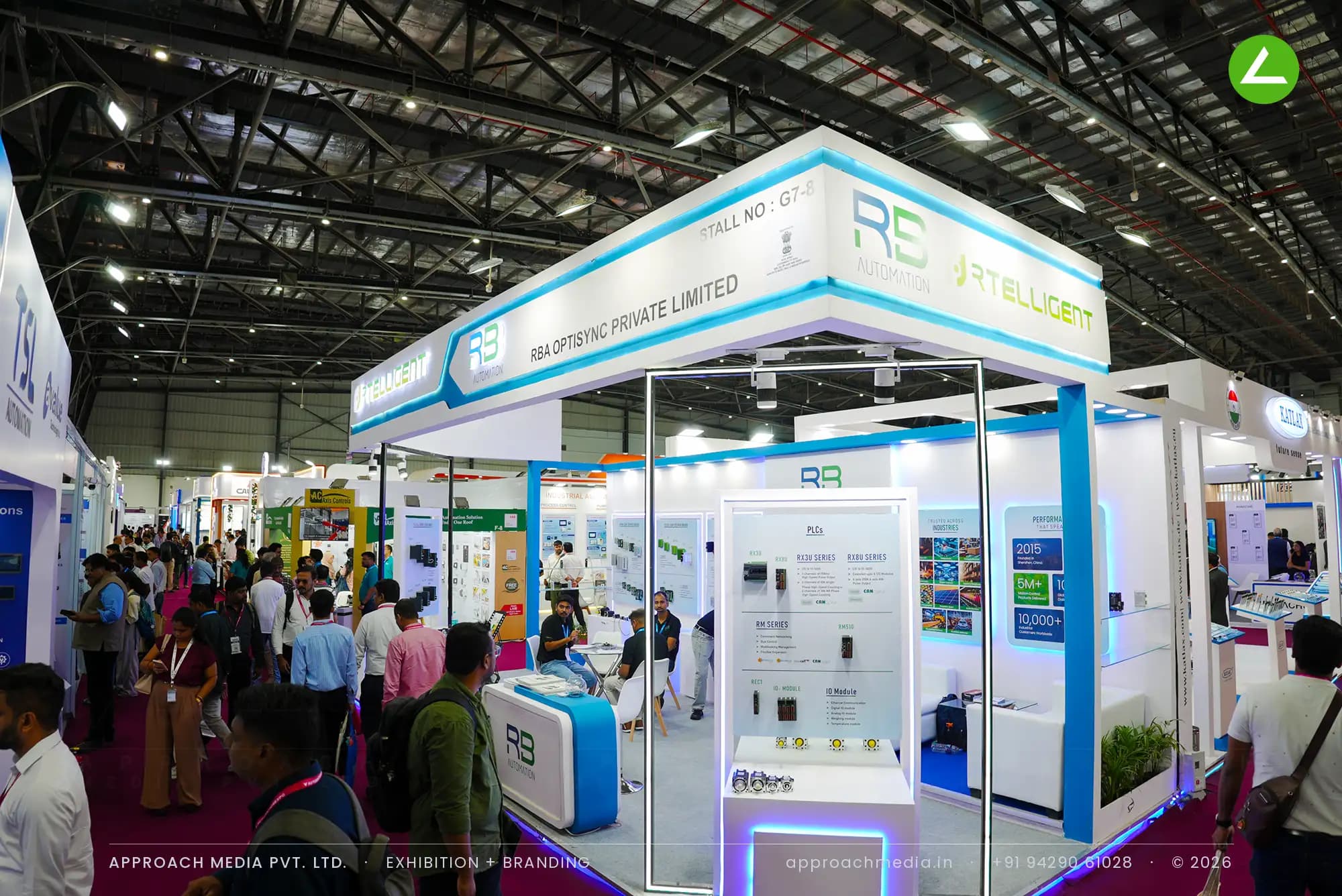 RB Automation stepped fascia and lit portal frame — exhibition stall design at Automation Expo Mumbai