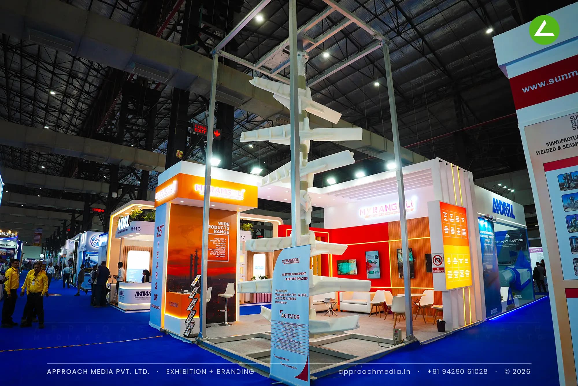 My Rangoli exhibition stall design at ChemTECH Mumbai with a full-height white agitator assembly at the open corner