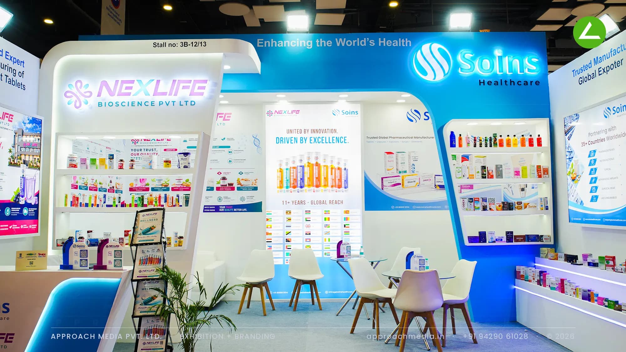 Soins Healthcare and Nexlife share a blue and white frontage, exhibition stall design at IPHEX New Delhi