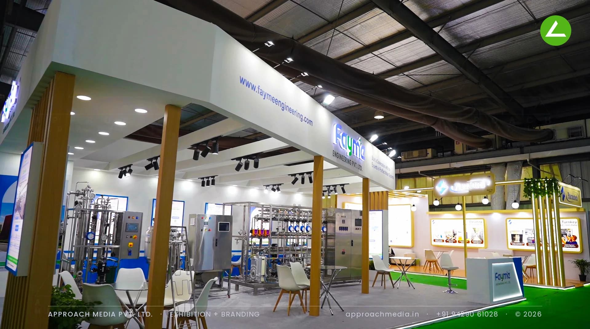 Fayme Engineering exhibition stall design at Pharmatech Expo Gandhinagar, water skids under a lit portal beam