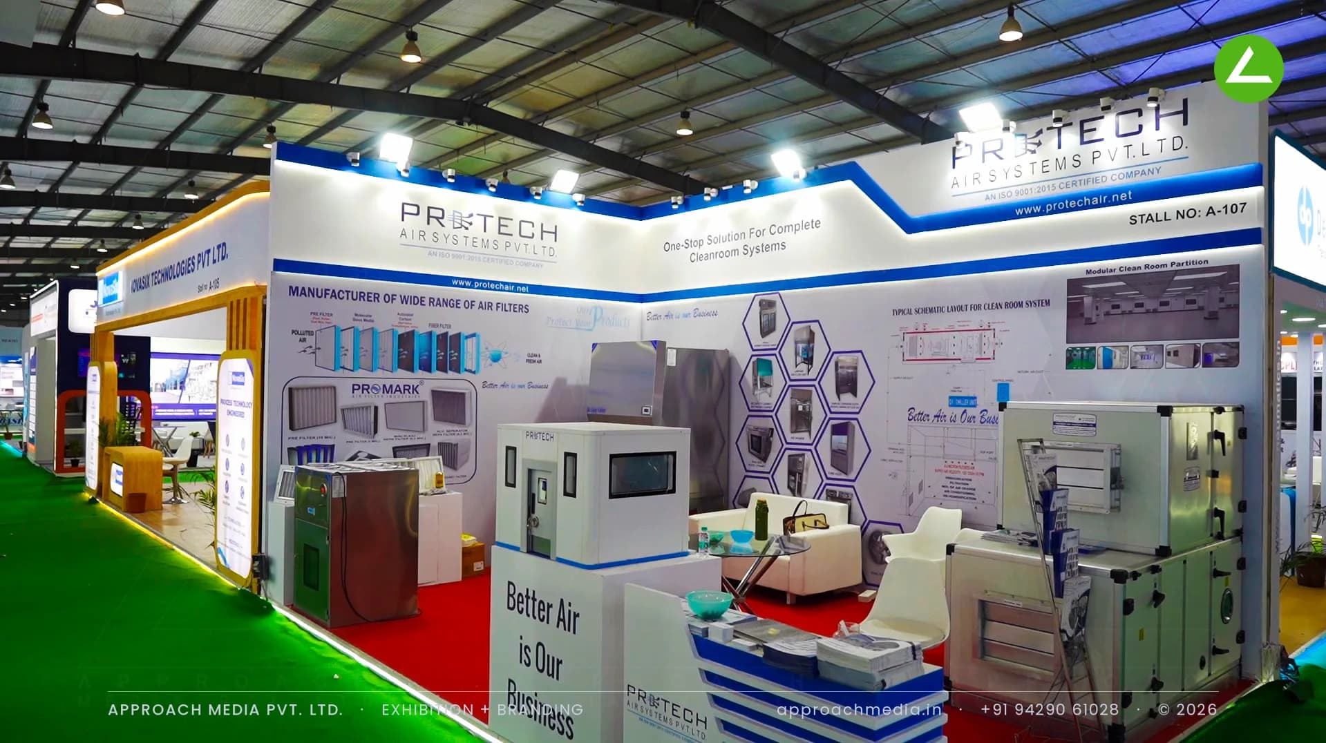 Protech Air Systems exhibition stall design at Pharmatech Expo Gandhinagar, schematic walls and filter units