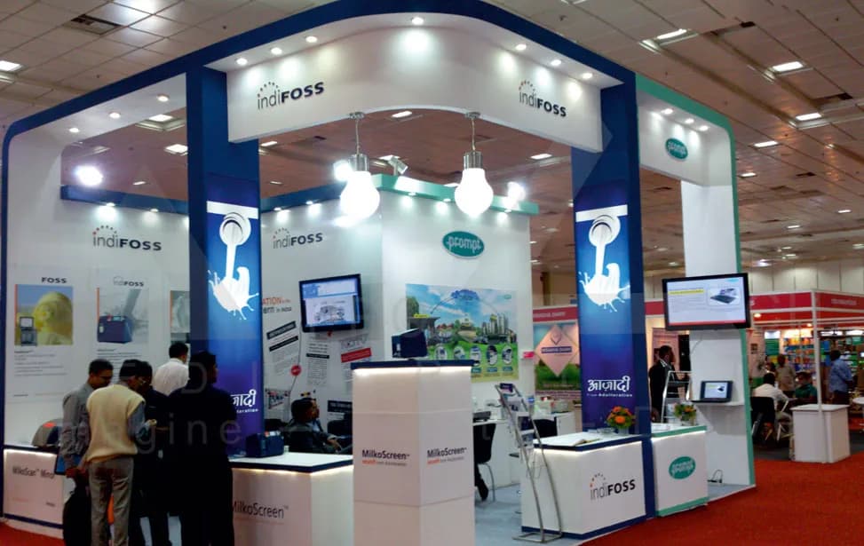 Dairy Instruments Exhibition Stall Design at IAI Dairy Expo Hyderabad — 36 sqm 3 side open trade show booth for Indifoss & Prompt at IAI Dairy Expo