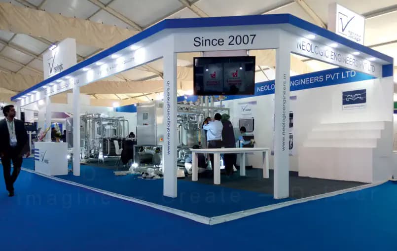 Dairy Machinery Exhibition Stall Design at IAI Dairy Expo Hyderabad — 90 sqm 2 side open trade show booth for Neologic at IAI Dairy Expo