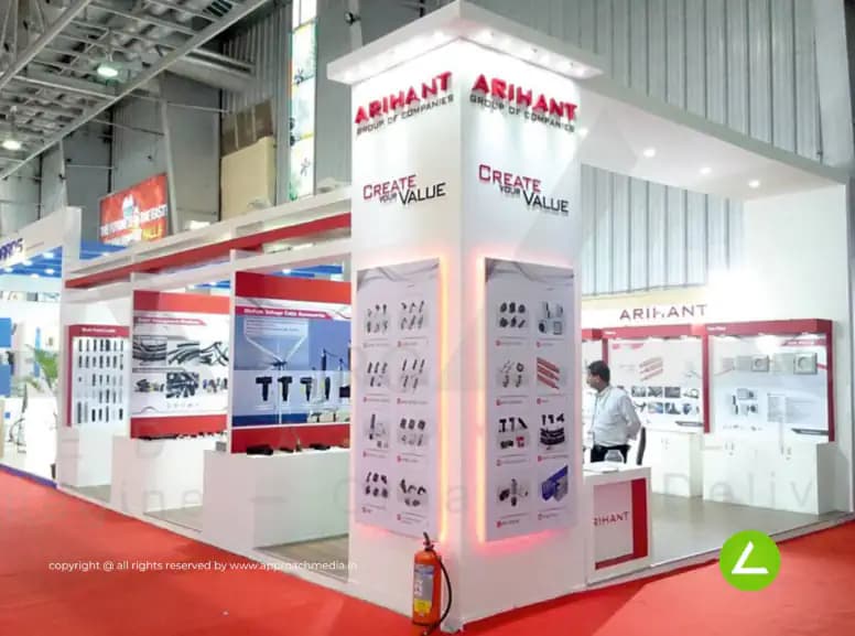 Engineering Products Exhibition Stall Design at IMTEX Bangalore — 60 sqm 2 side open trade show booth for Arihant at IMTEX