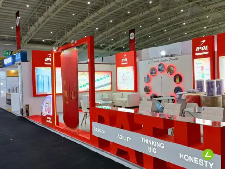 Industrial Lubricants Exhibition Stall Design at IMTEX Bangalore — 54 sqm 2 side open trade show booth for IPOL at IMTEX