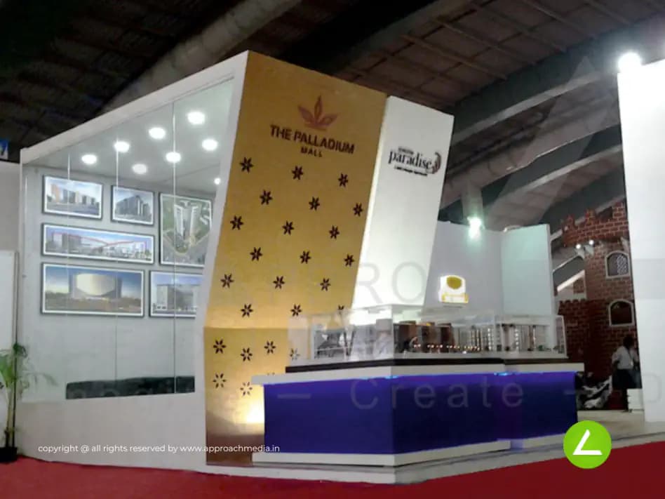 Property Project Exhibition Stall Design at Surat Property Show 2013 Hindva Group — 60 sqm 3 side open trade show booth for Hindva Group at Surat Property Show 2013