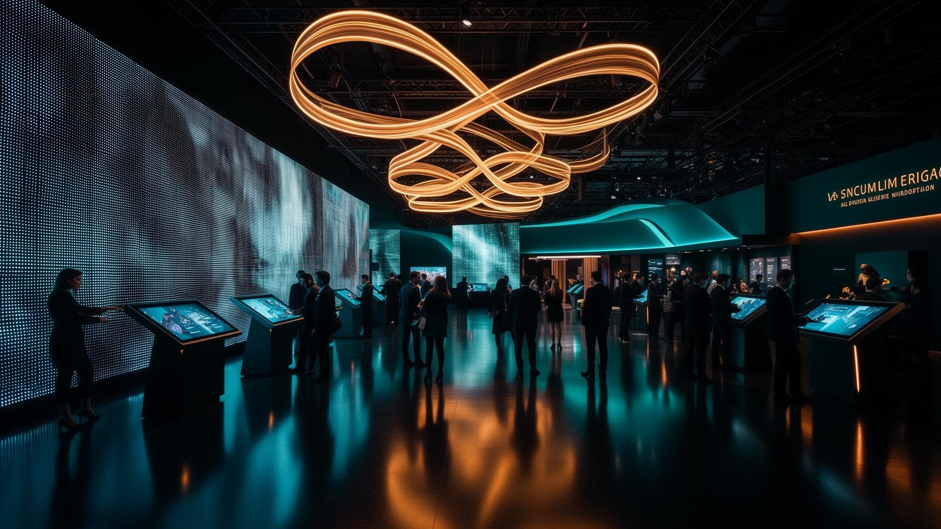 Immersive exhibition stall with LED walls, ribbon lighting and interactive touch displays
