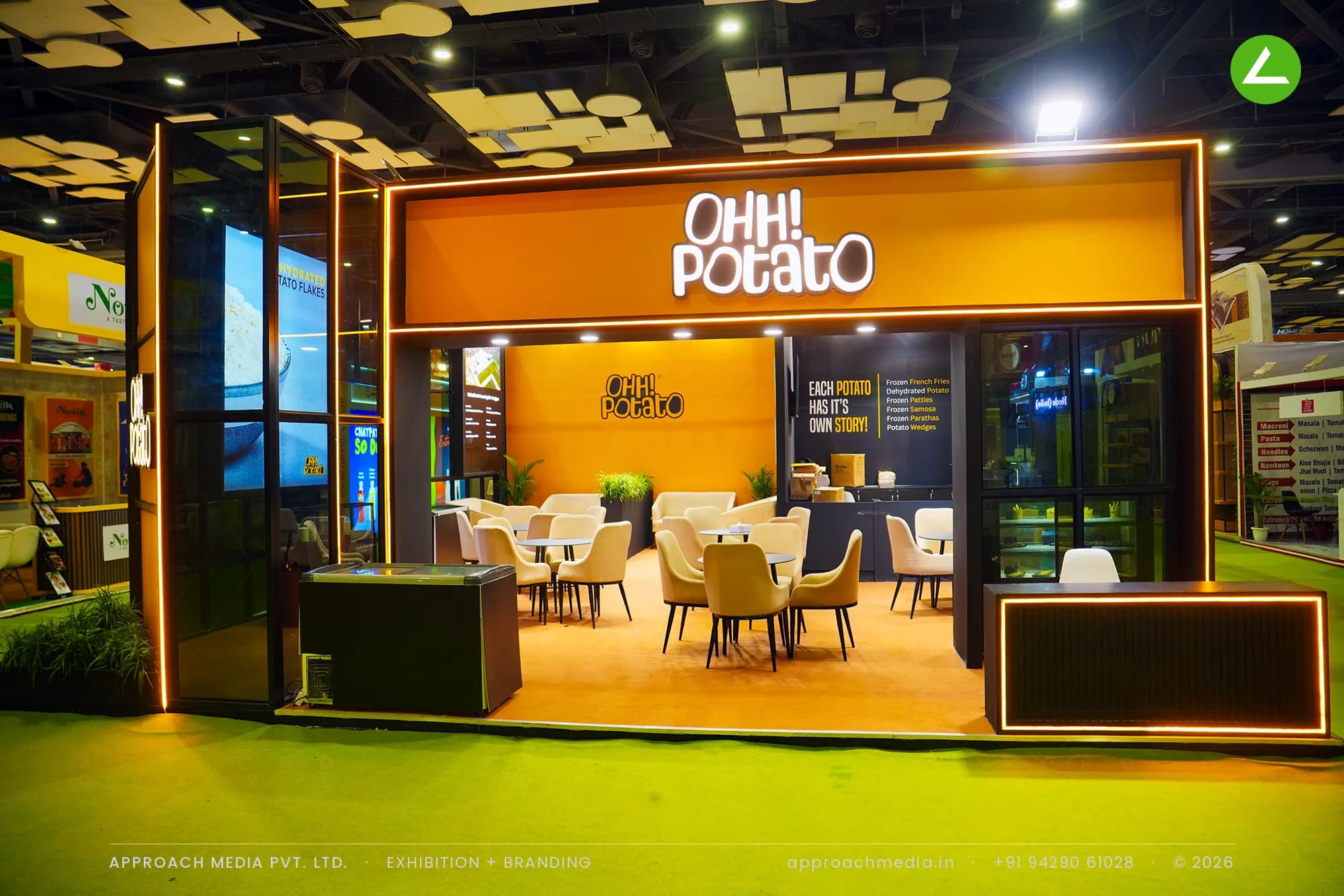 Modern white custom exhibition stall with lounge
