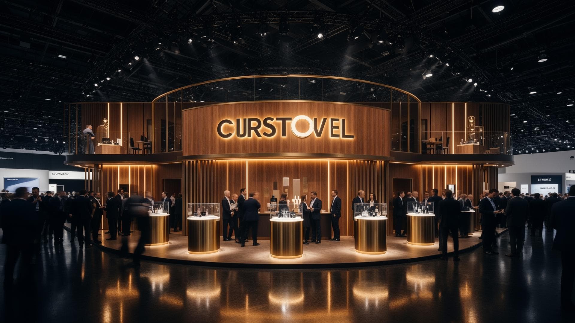 Premium custom exhibition stall with double-decker design, wood and brass finishes